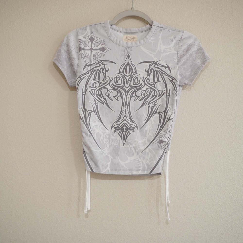 Recycled Threads XS Babydoll Grey Acid Wash Gothic Tribal Cross Cinched Side Tee